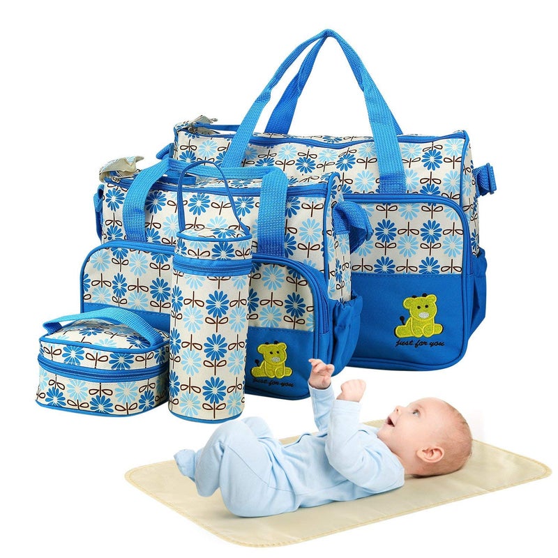 Moclever Diaper Bag Tote Set, 5PCS Baby Bags for Mom and Dad - Large Maternity Travel Bag with Insulated Bottle Holder, Food Bag & Portable Changing Pad, Waterproof Baby Essentials Organizer (Blue) - Image 1